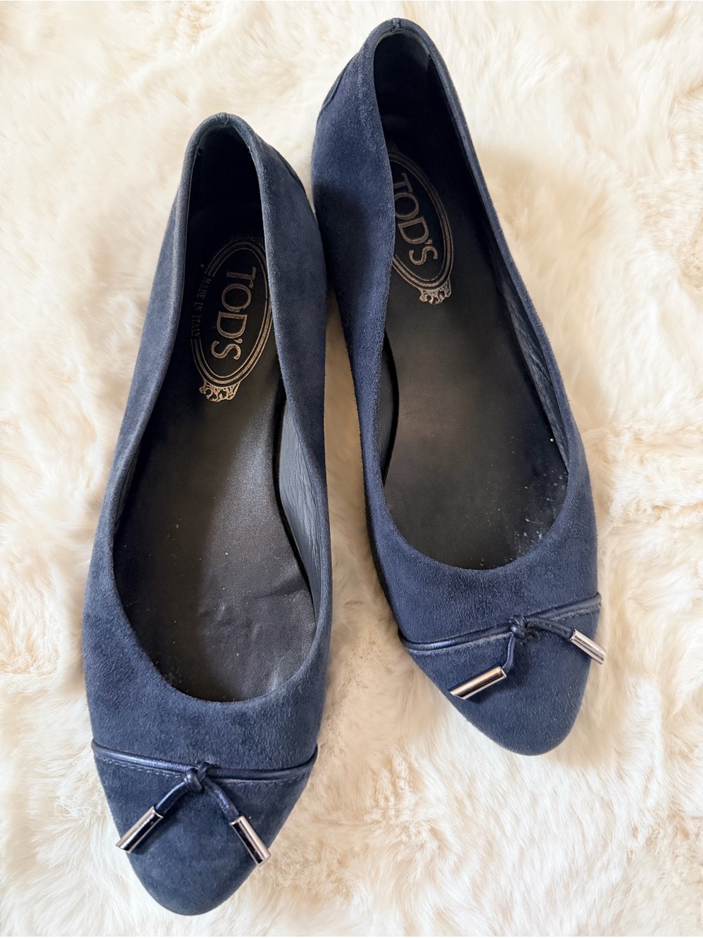 Tod's Navy Suede Pointed-Toe Flats with Bow Detail